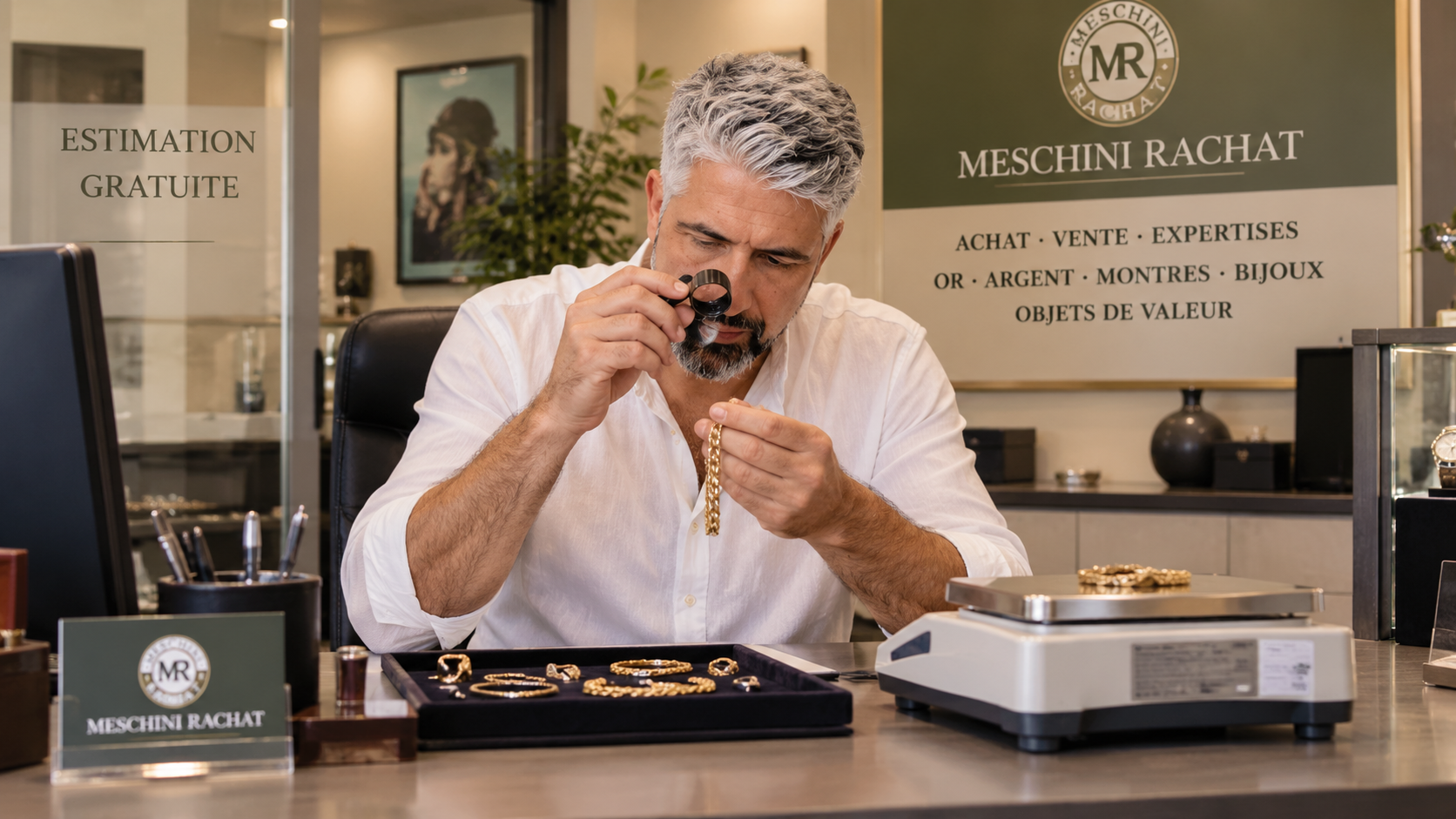 Estimation d’or et de bijoux sur balance homologuée, devant le client